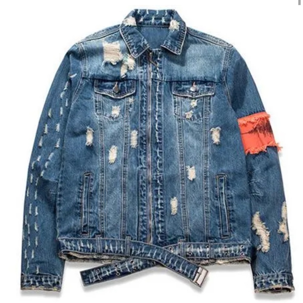 Distressed Embroidered Denim Jacket Red Patch Arm Band Motorcycle Jacket Belt - Picture 2 of 6
